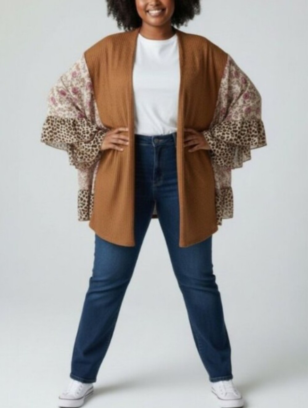 Waffle Knit Cardigan with Floral & Leopard Sleeve Panels